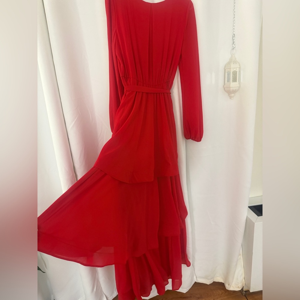 Elegant Red Long Sleeve Ruffle Maxi Dress - Picture 8 of 13